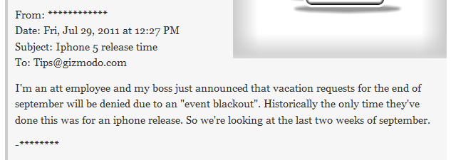 An email from a person claiming to be an AT&amp;amp;T emplyoee says that the carrier will not allow any vacations taken during the last two weeks of September - AT&amp;T&#039;s blackout date for employee vacations points to a coming new Apple iPhone launch