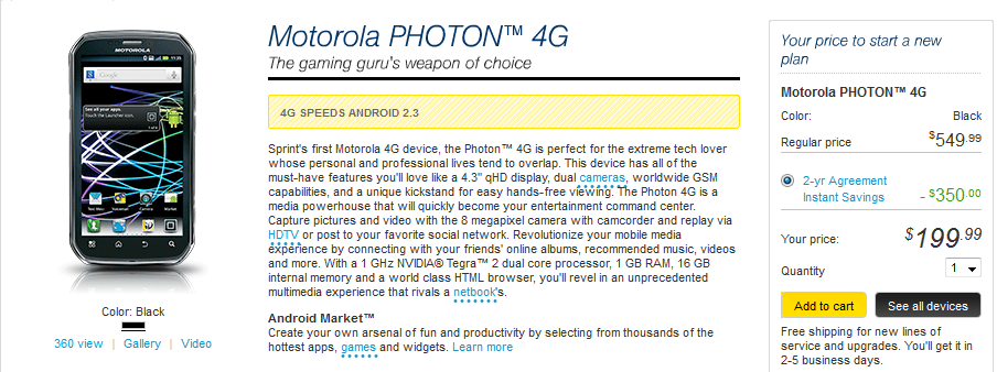 The Motorola PHOTON 4G, the manufacturer&#039;s latest high-end device, is available today at Sprint stores - Motorola PHOTON 4G available now at Sprint