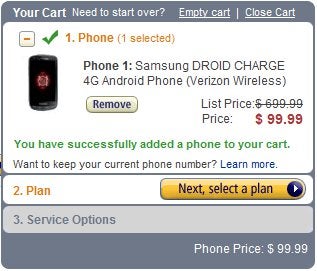 Samsung Droid Charge is priced affordably at $99.99 through Amazon