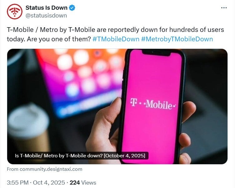 Another site confirms that some T-Mobile subscribers are unable to reach the network. | Image credit-X - BREAKING NEWS: Some T-Mobile subscribers are dealing with an outage