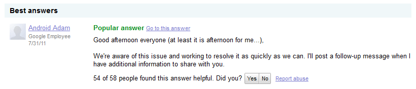 A Google employee tells developers that Google is working to &quot;resolve the issue&quot; - Missing app comments on the Android Market draws the ire of developers