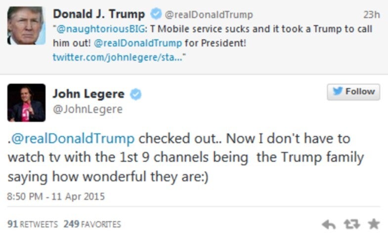 Tweets between Donald Trump and John Legere.