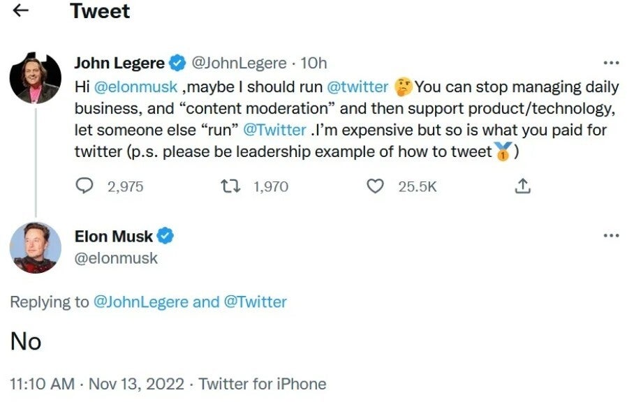 Tweets between John Legere and Elon Musk.