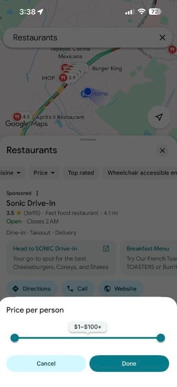 Customizing the type of restaurant you want in Google Maps.