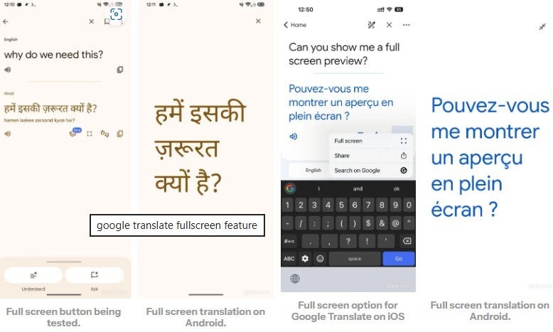 Screenshots of larger font on Google Translate app.