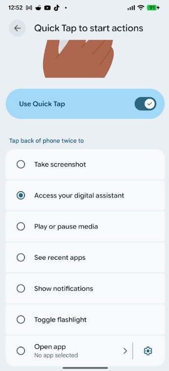 Screenshot shows how to set up Quick Tap on your Pixel.