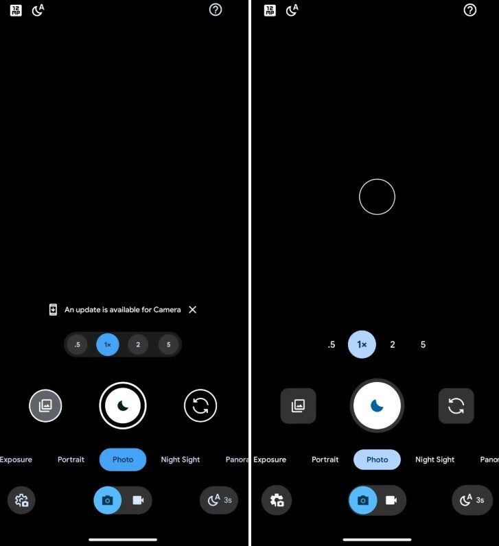 Screenshots showing changes to new version of the Pixel Camera app.