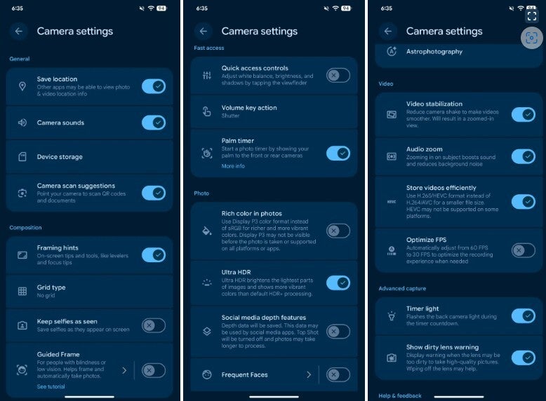 New settings pages for the Pixel Camera app.