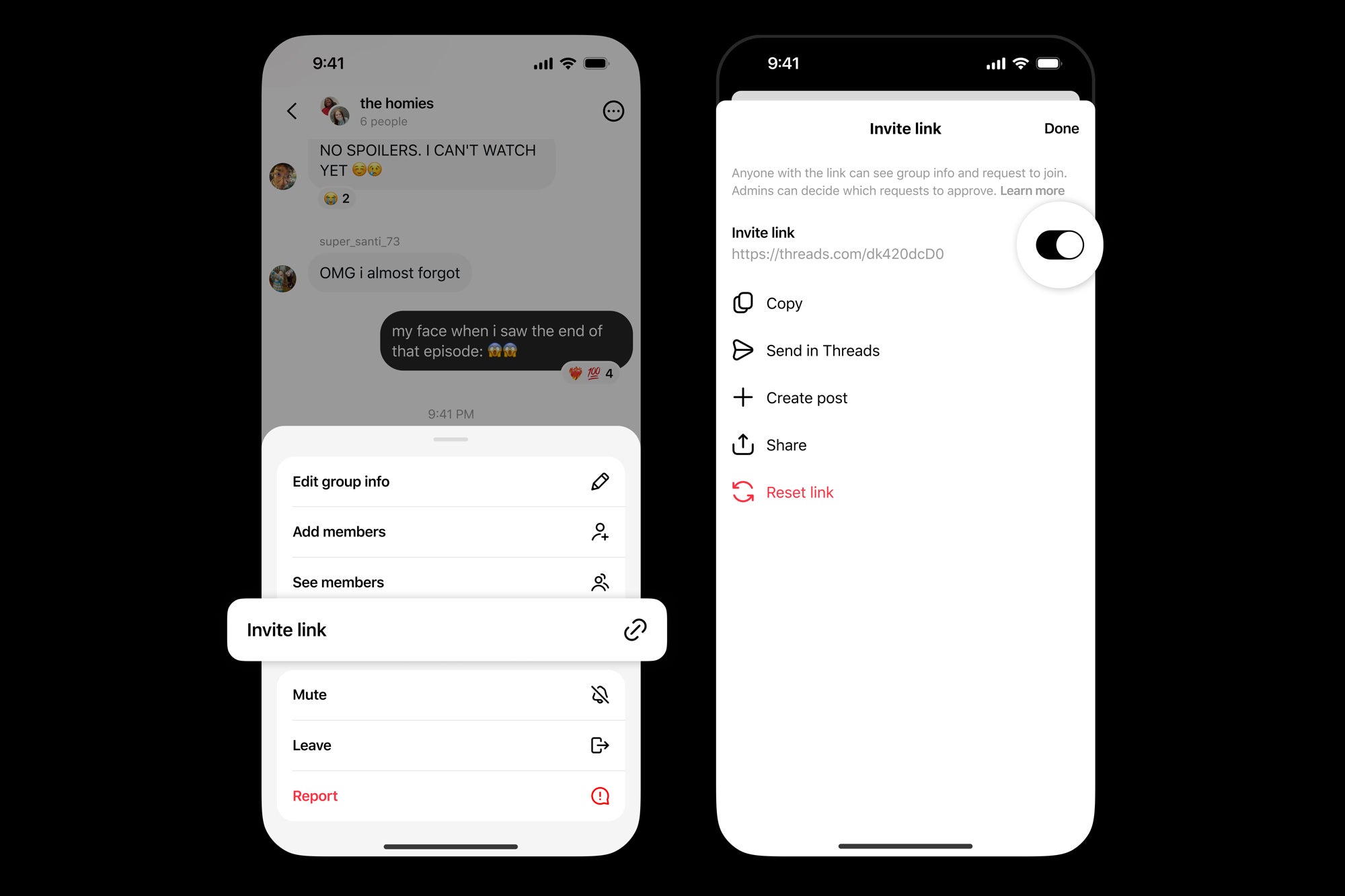 Image of the upcoming capability to invite to a group chat via a link