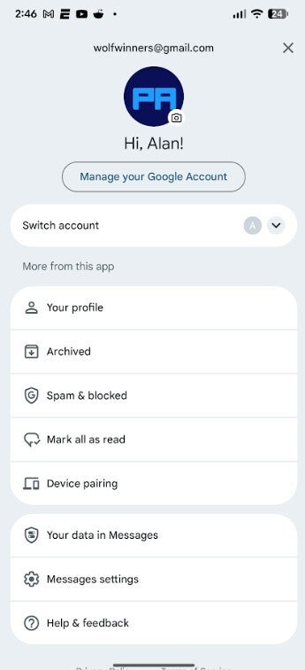 Screenshot shows the account menu page for the Google Messages app.
