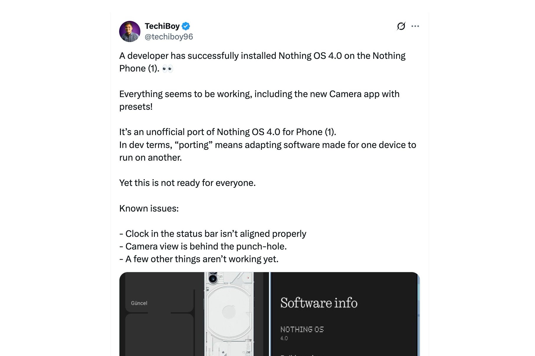 X post announcing the availability of the unofficial port. | Image credit — @techiboy96 (X) - The Nothing Phone (1) just got an unofficial taste of Nothing OS 4.0
