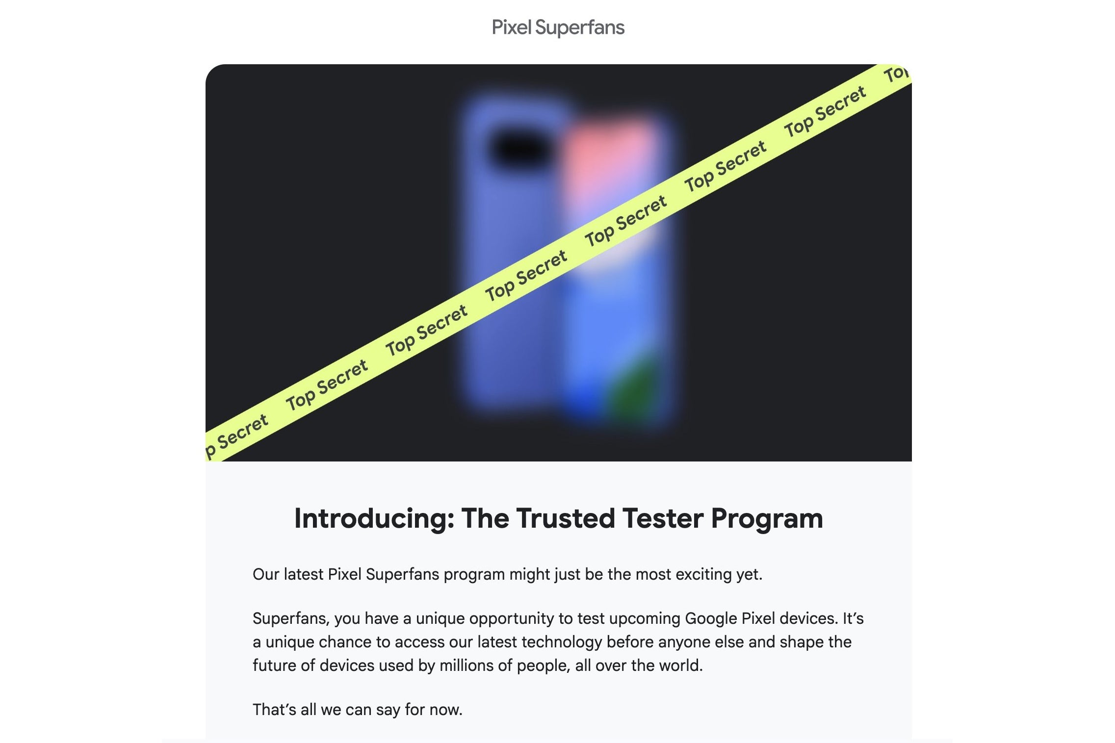copy of the Pixel Superfans invite to the tester program