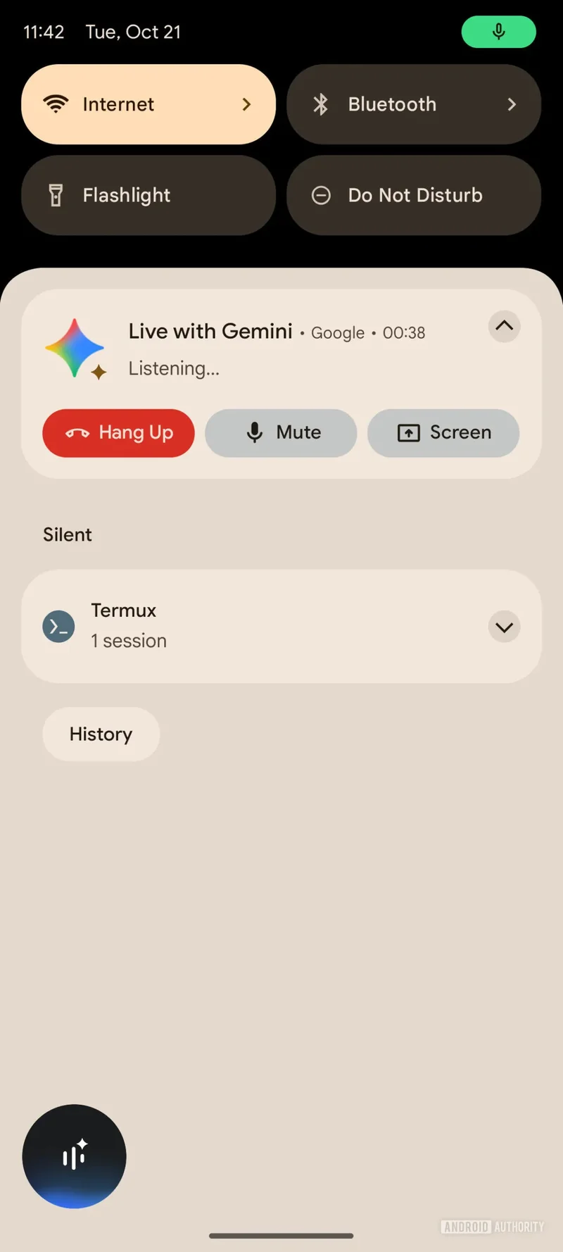 Screenshot of Gemini Live with a mute button