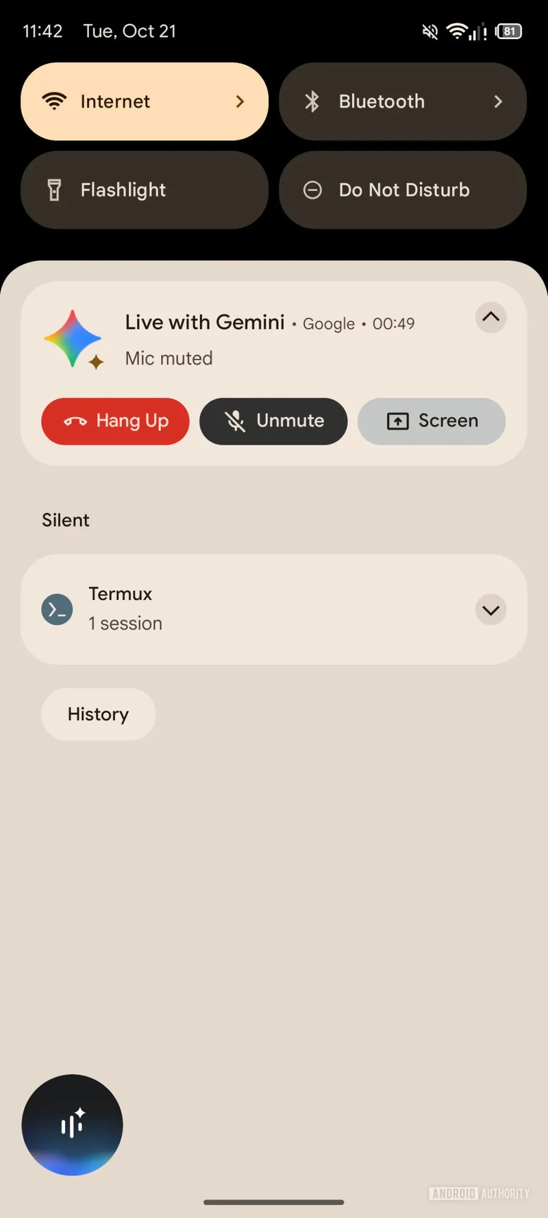 Screenshot of Gemini Live with a mute button