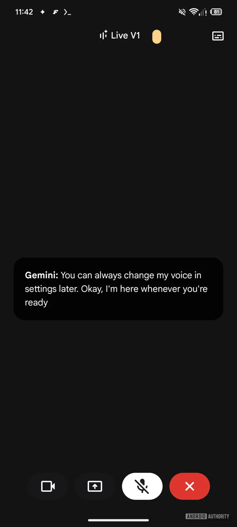 Screenshot of Gemini Live with a mute button