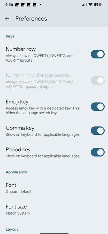 The latest version of the Gboard app for Android allows users to get rid of the comma and period keys. | Image credit-PhoneArena - Surprising change to Gboard app for Android can remove two major punctuation marks