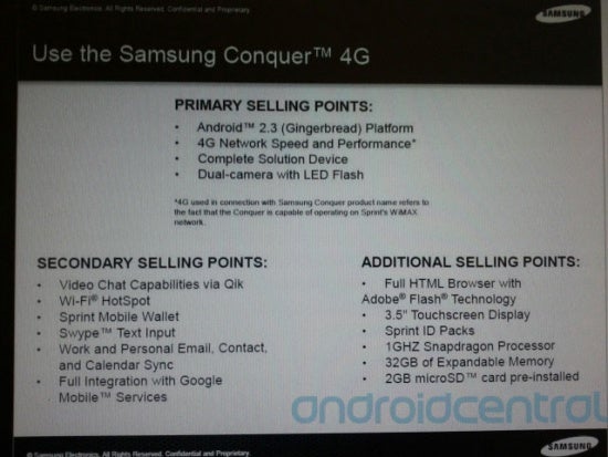 Training material for the Samsung Conquer 4G - Sprint reps getting Cliff Notes version of Samsung Conquer 4G specs