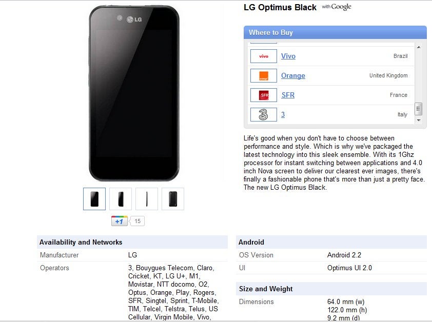Google's phone site shows the LG Optimus Black as part of Sprint's lineup