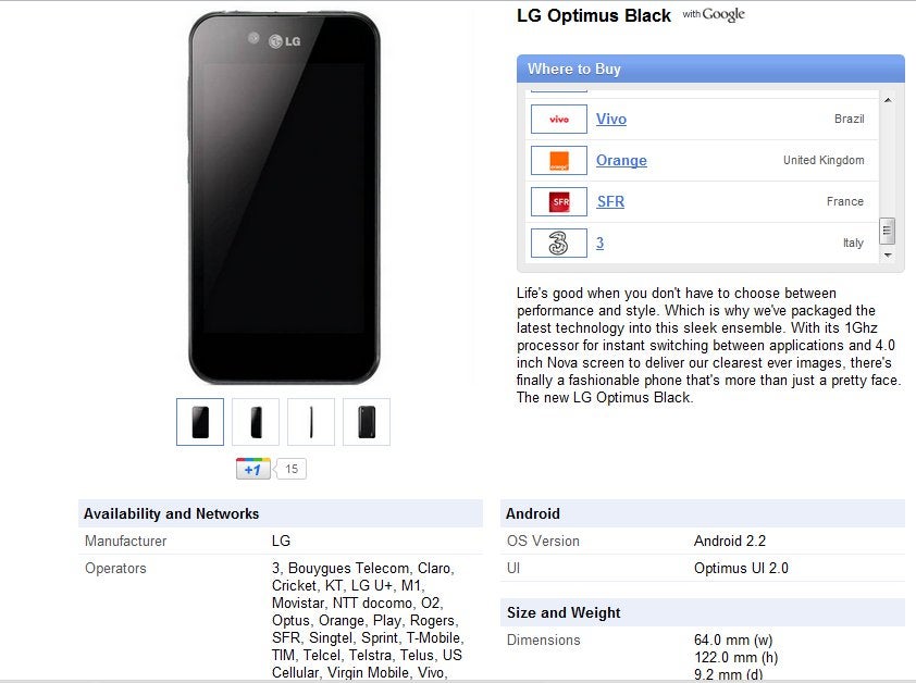 Google&#039;s phone site shows the LG Optimus Black as part of Sprint&#039;s lineup