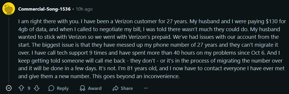 Image source – Reddit - Verizon &quot;used to be premium&quot;, now it&#039;s &quot;just expensive&quot;: a customer leaves after 20 years and closes 9 lines