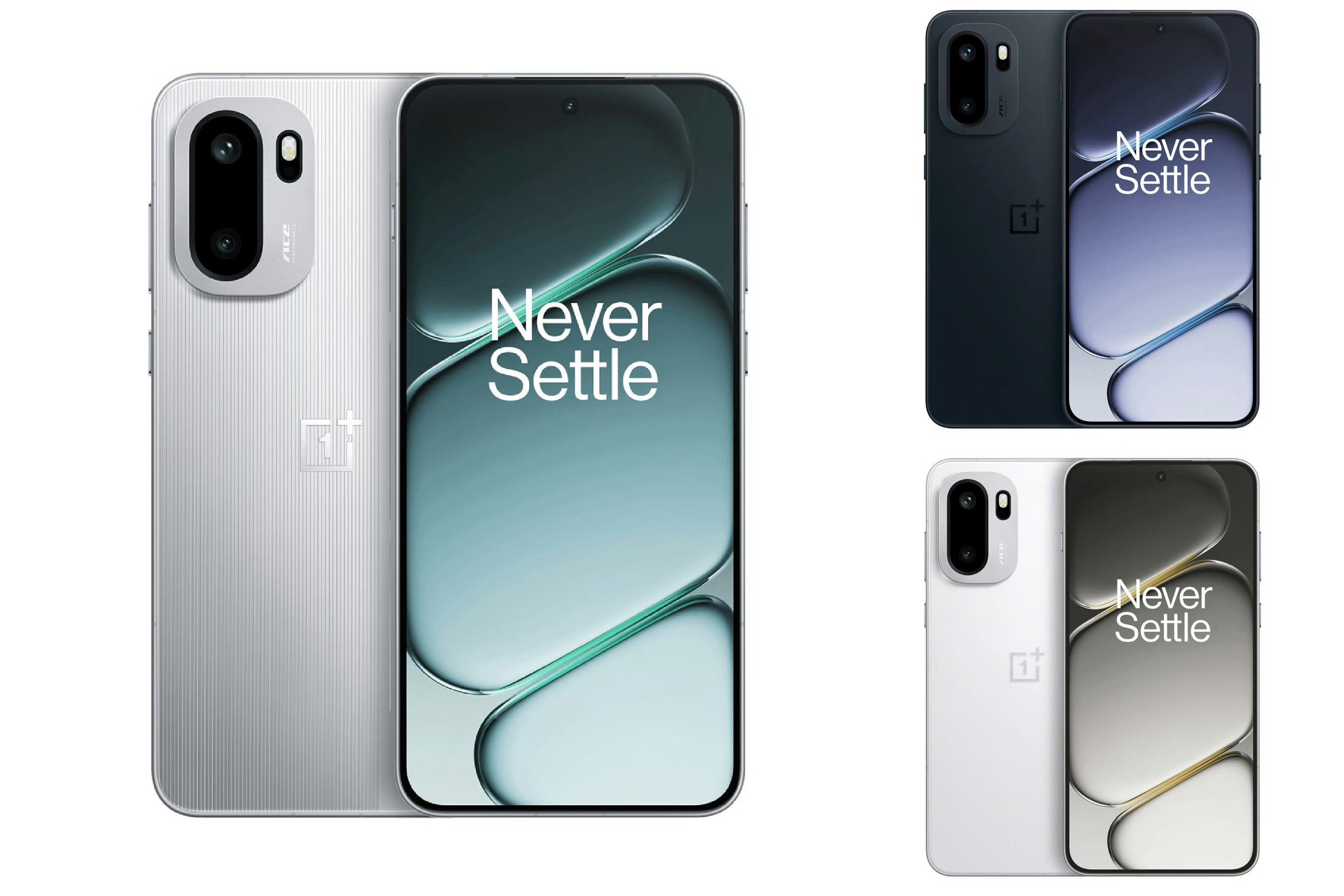 A collage of three OnePlus phones on a white drop.