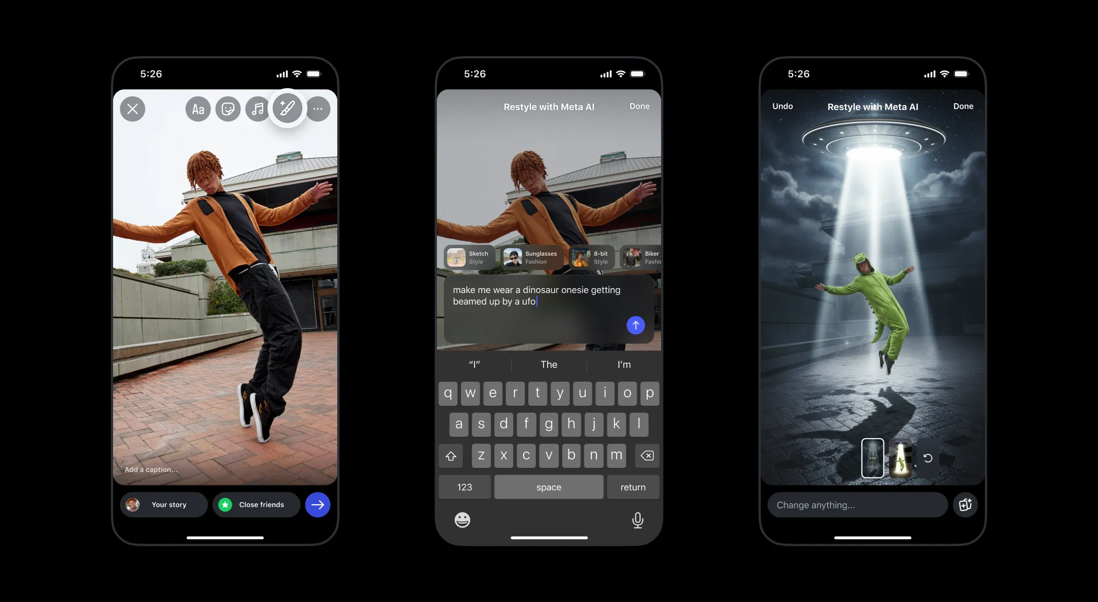 Screenshots with three different images, explaining the steps how to edit Stories. 