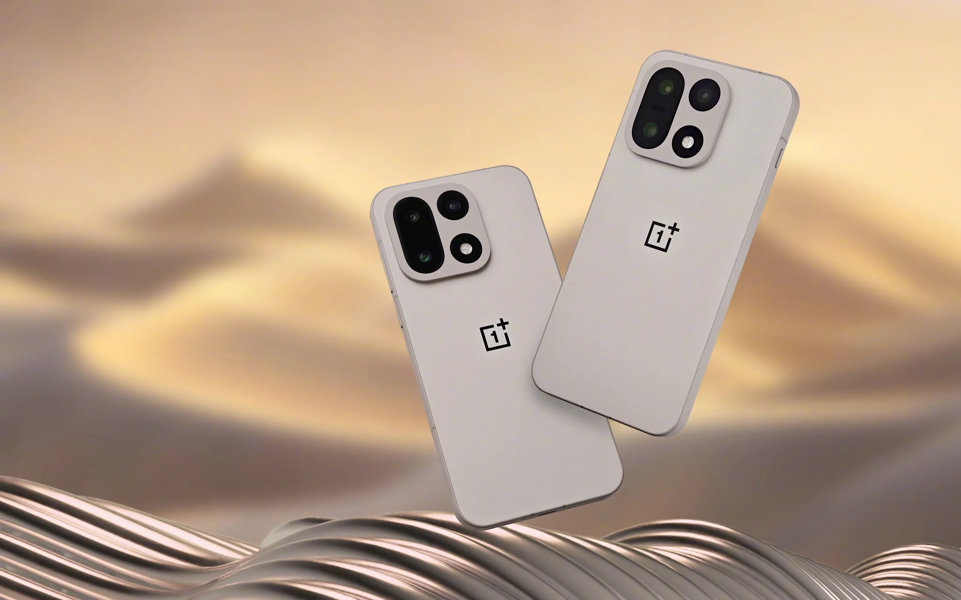 Two OnePlus 15 phones in the desert.
