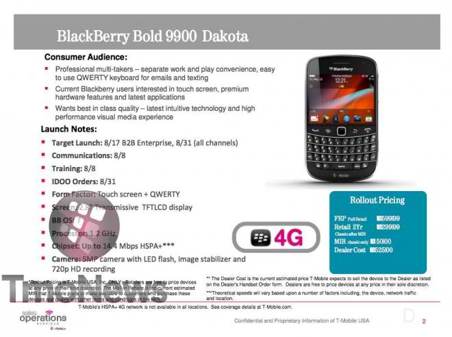 Leaked document confirms release for the T-Mobile BlackBerry Bold 9900 - plus pricing