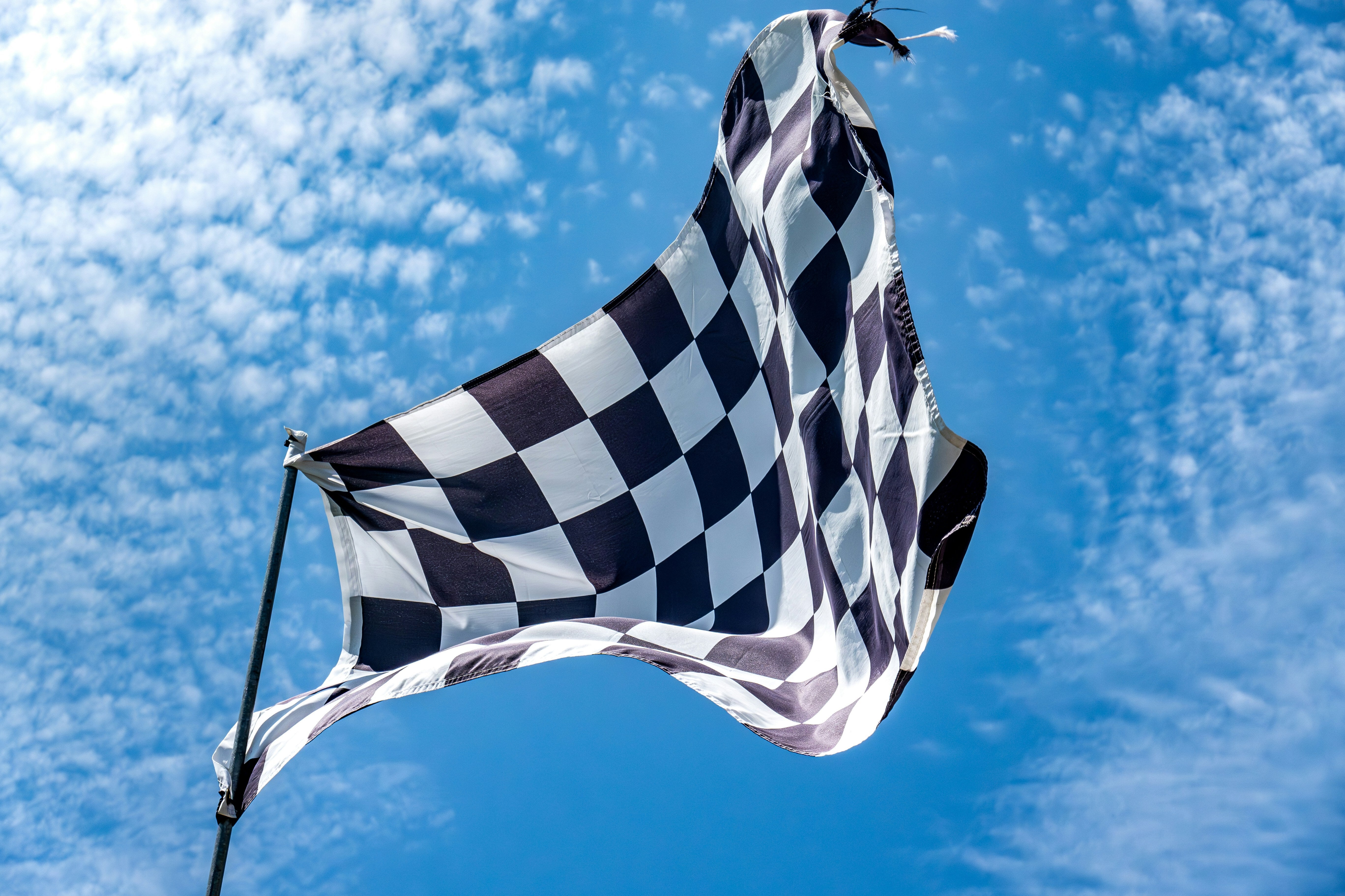 Checkered racing flag waving against a blue sky.