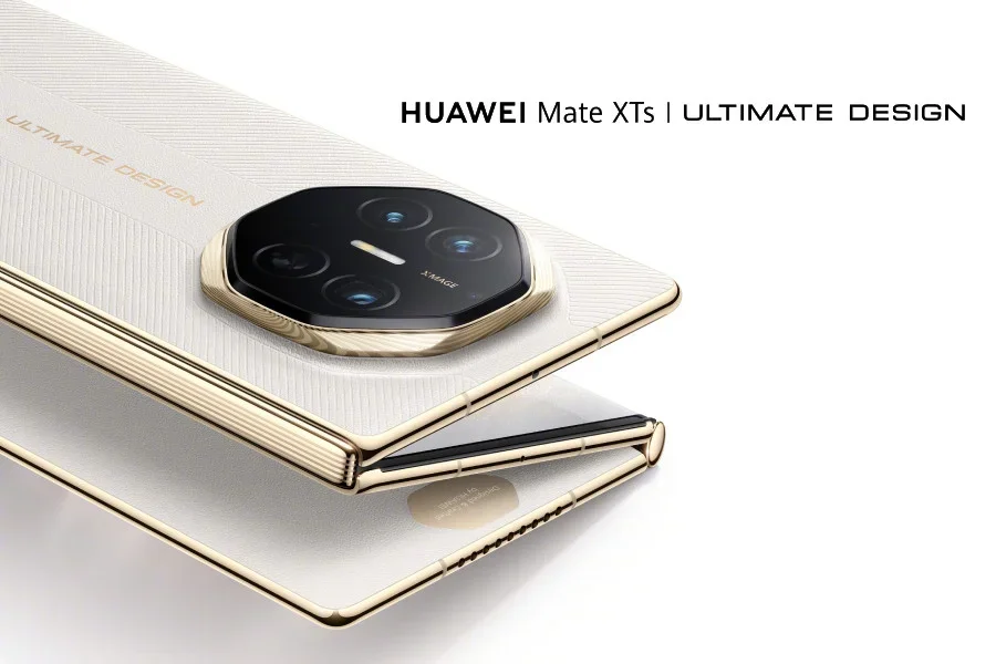 Huawei Mate XTs in white with its name written next to it.