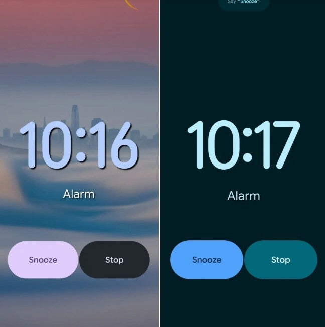 Photo shows the current Google Clock UI and the upcoming version 8.3.