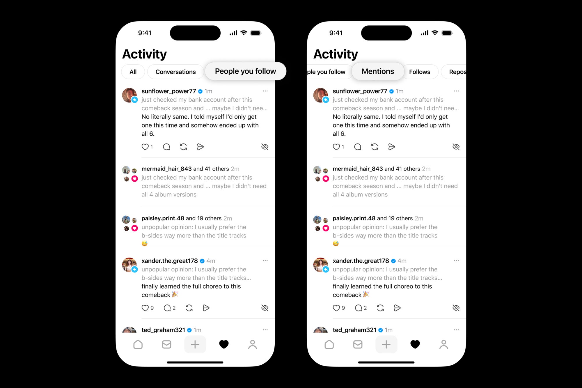 Threads activity feed filtering