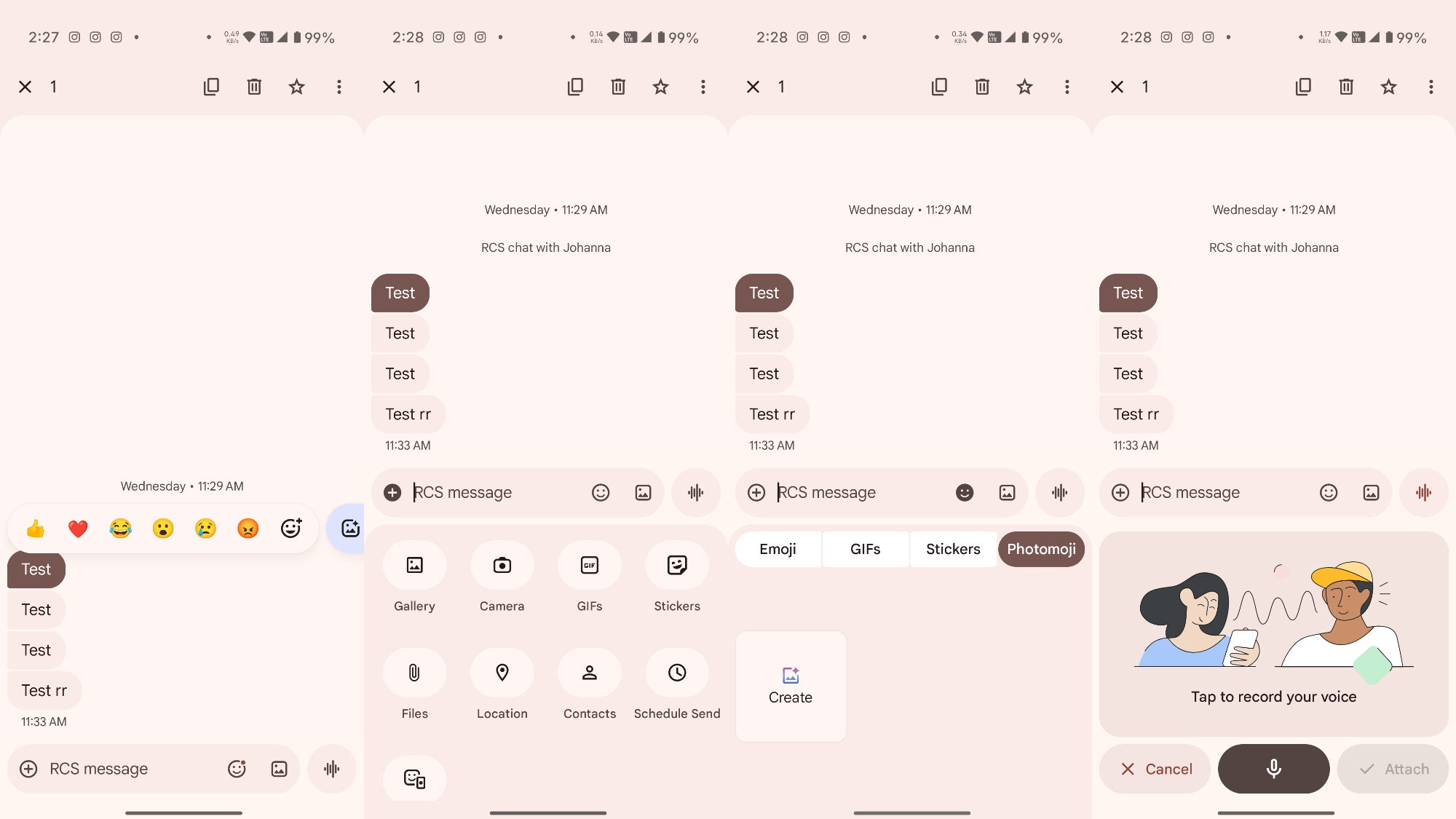 Screenshots from the current Google Messages UI
