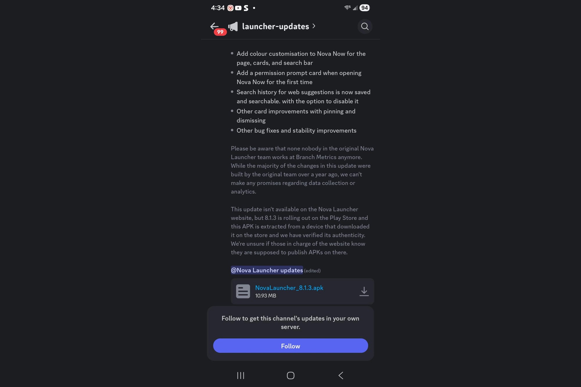 Screenshot of the Nova Launcher update that appeared on Discord