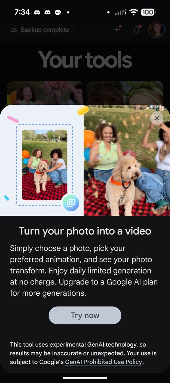 Screenshot with example of the Google Photos video templates tool
