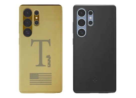 At left, the last look at the Trump Phone which was a photoshopped render of the Galaxy S25 Ultra in a Spigen case. | Image credit-Trump Mobile/Spigen - It's now November and the Trump phone is still MIA