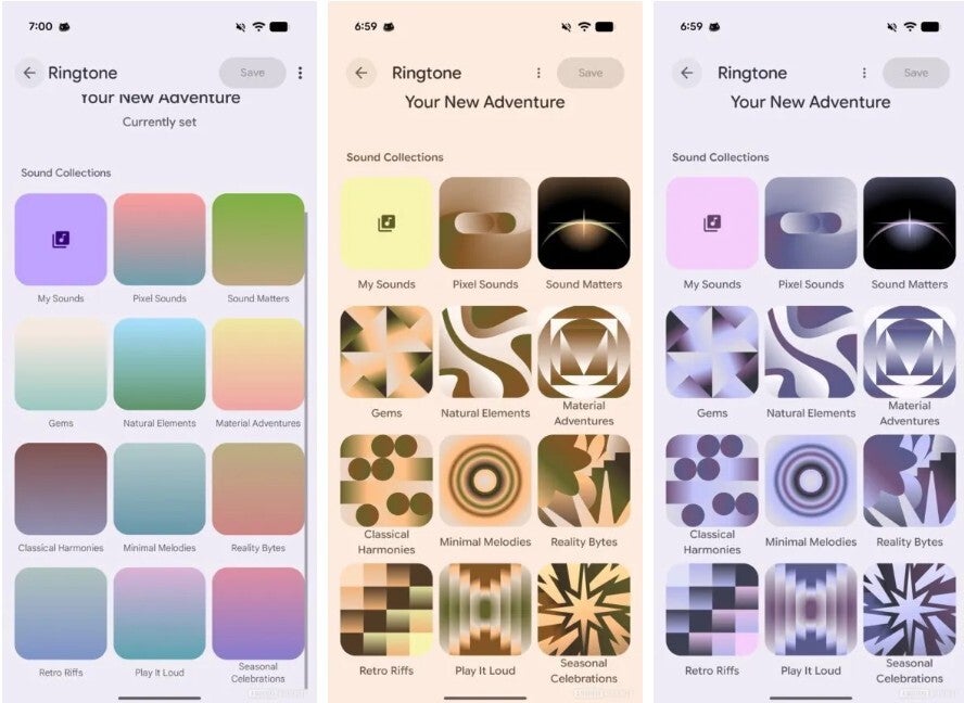 Old Pixel Sounds app versus two images of the new UI.