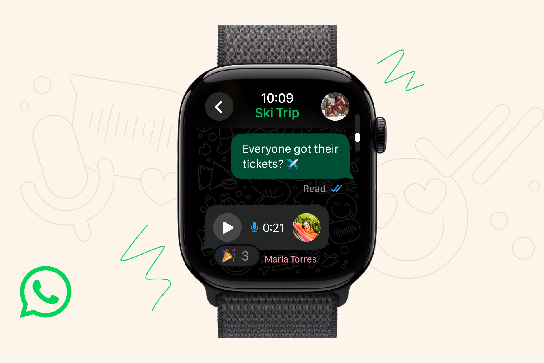 Screenshot of the WhatsApp app on Apple Watch