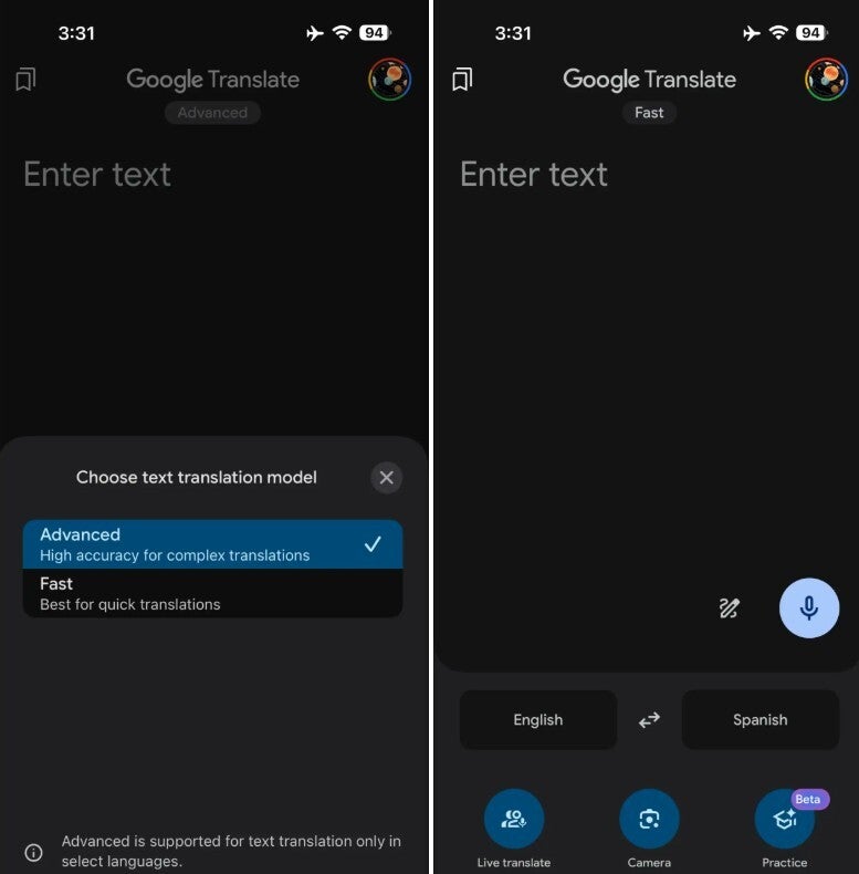 New translation model pickers for Google Translate with Advanced on the left and Fast on the right. | Image credit-9to5Google - Google Translate users will soon be able to make an important decision before employing the app