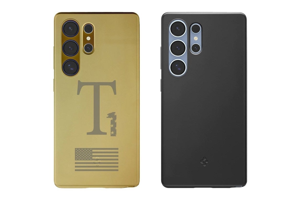 Side-by-side comparison showing the Trump Mobile T1 (gold) next to a Samsung Galaxy S25 Ultra in a black Spigen case.