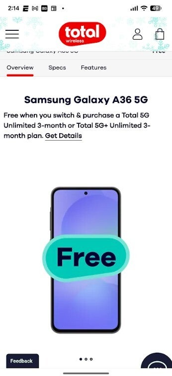 Screenshot shows Total Wireless&amp;#039; free Galaxy A36 5G deal.