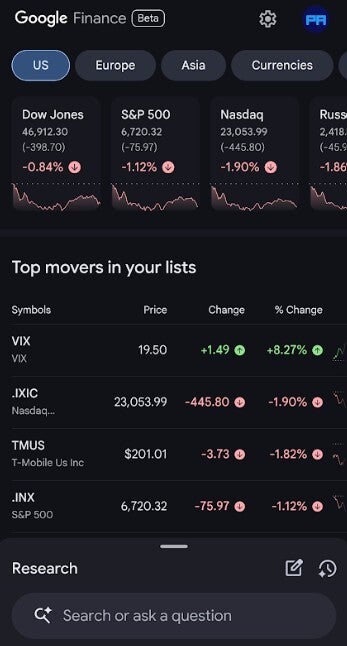 Screenshot of Google Finance using a mobile browser.