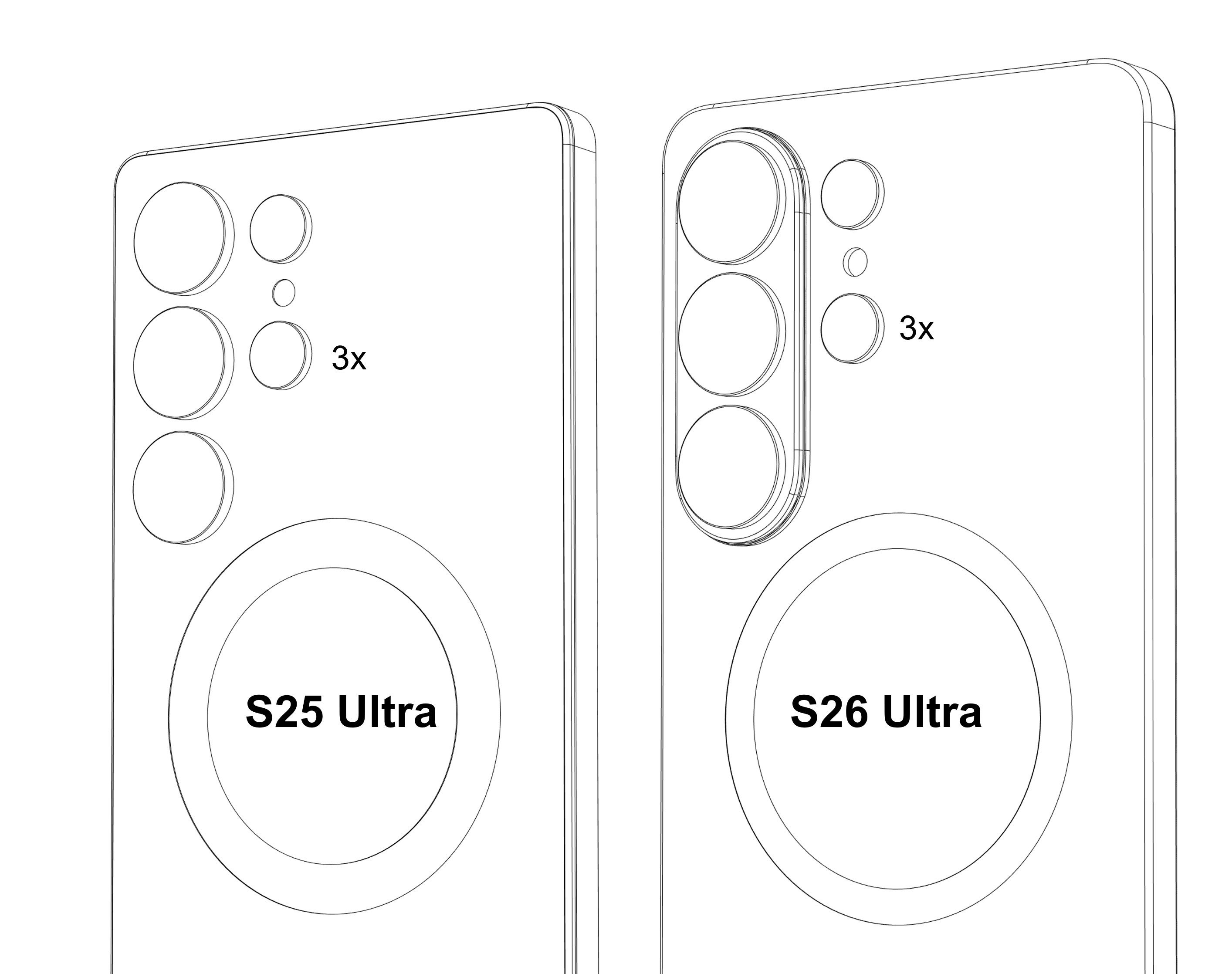 A comparison sketch of the Galaxy S25 Ultra and S26 Ultra camera modules