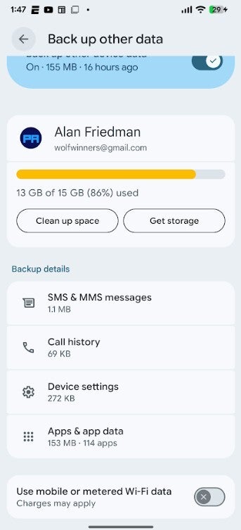 Screenshot shows current UI for managing Android backups.