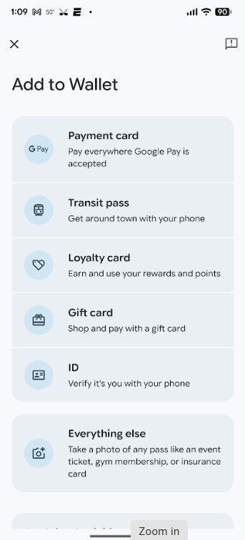 Screenshot of settings page from Google Wallet app.