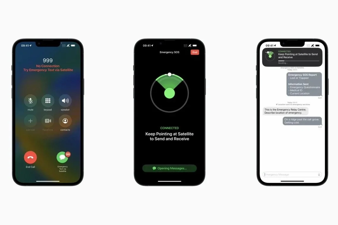 Screenshots of the Satellite SOS feature
