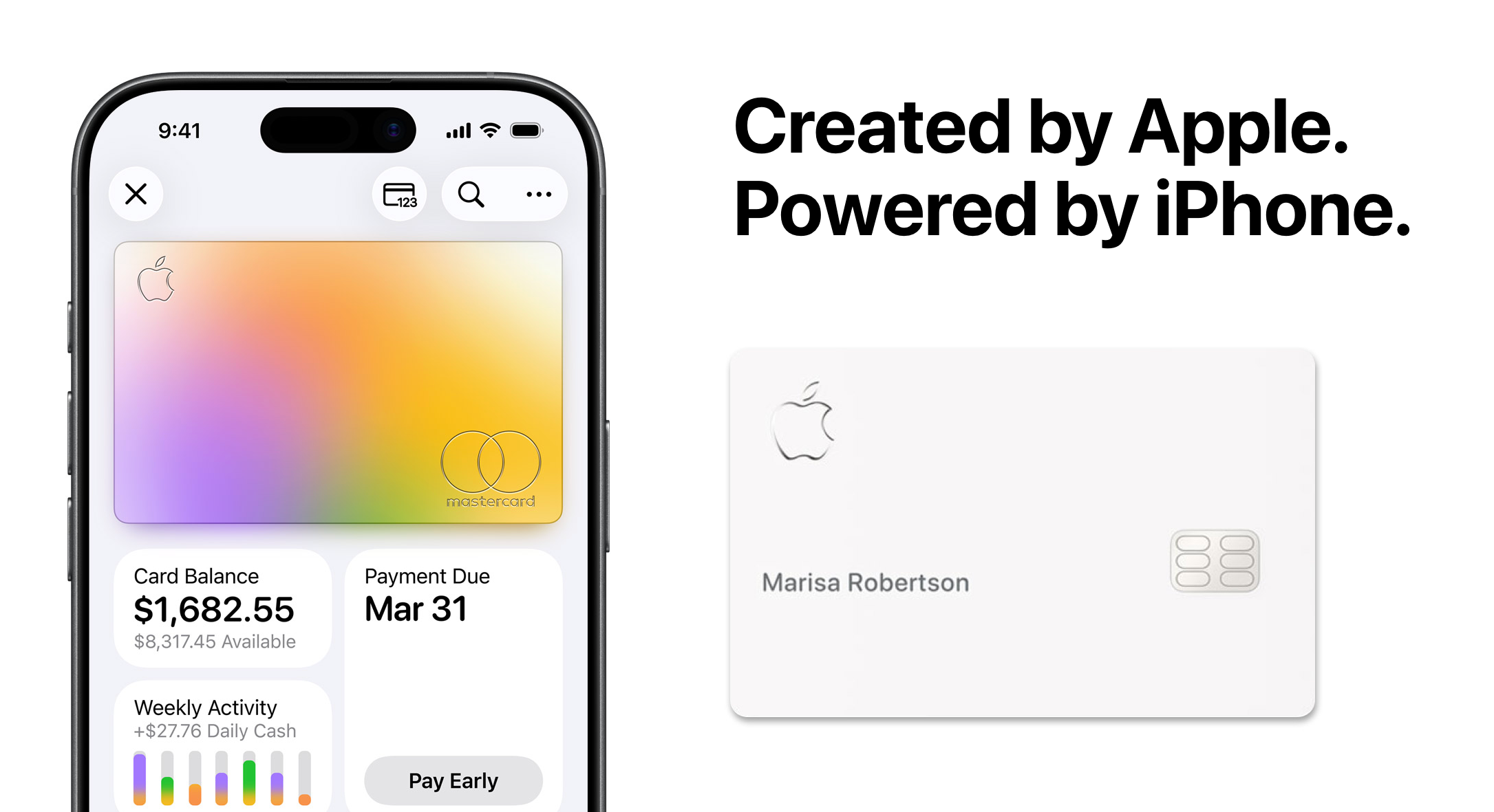 A screenshot of an iPhone with Apple Pay opened and a white credit card next to it. 