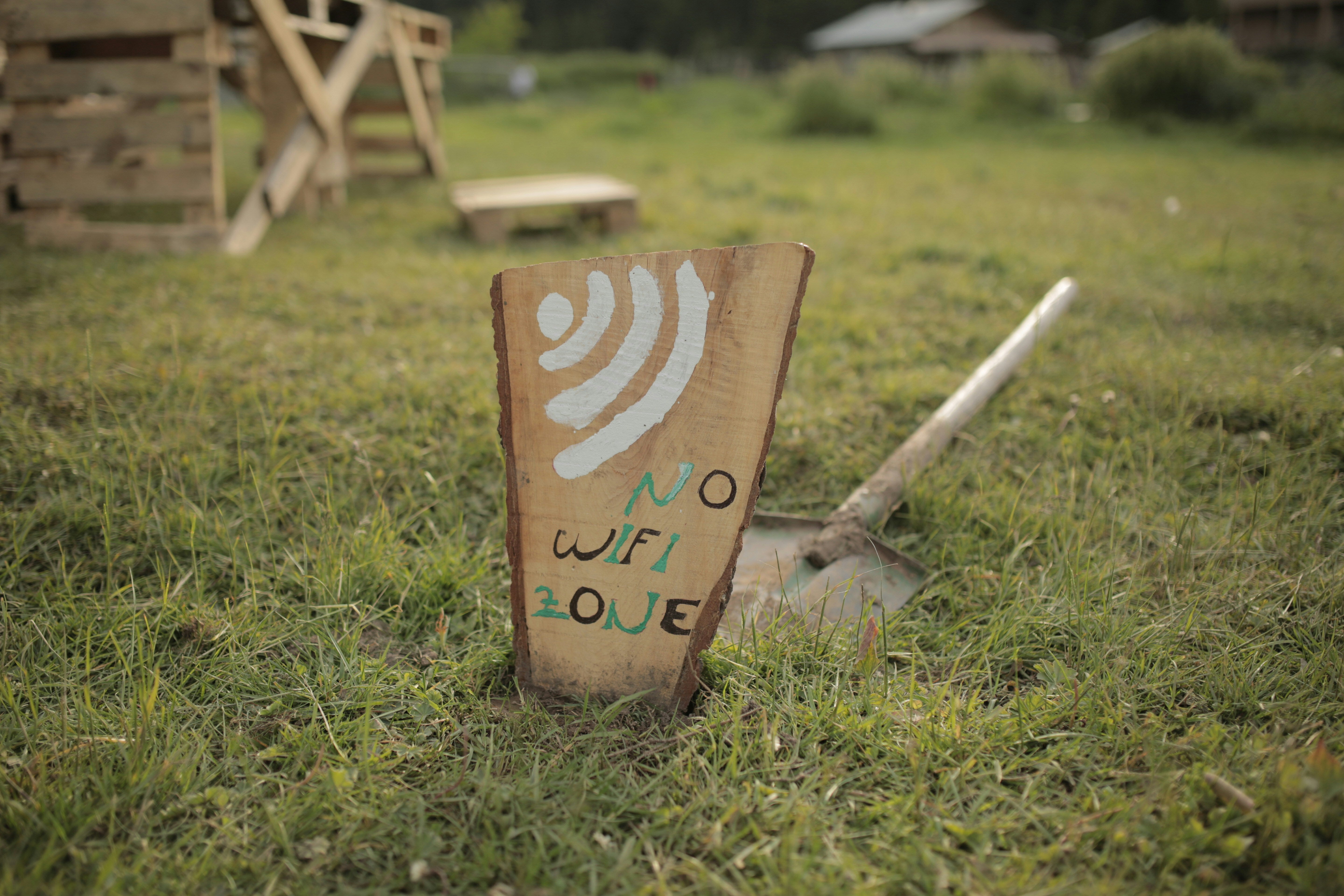 A handmade wooden sign reading “NO WIFI ZONE” staked in a grassy field.
