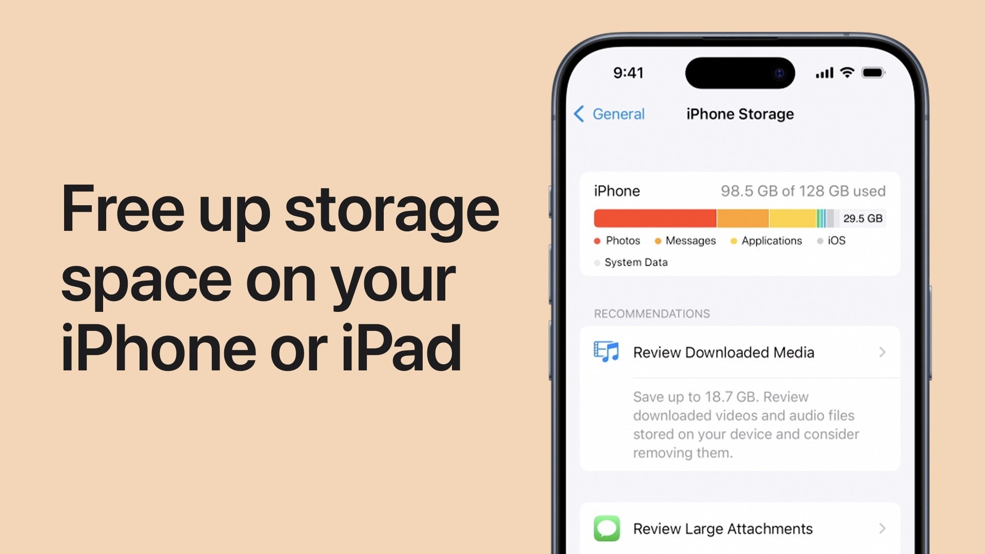 An iPhone screen showing the storage management menu, with text encouraging users to free up space on their iPhone or iPad.