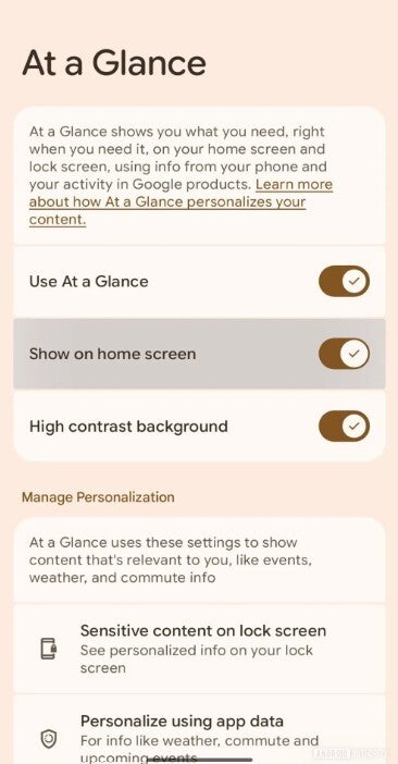 Screenshot shows At a Glance settings.